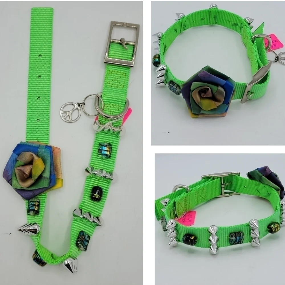 Dog Collar PSYCHEDELIC Neon Green Flower Bow Gems And Stones